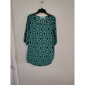 Haute Hanger Teal Black Geometric Honeycomb Tunic Top 3/4 Sleeve Gold Button